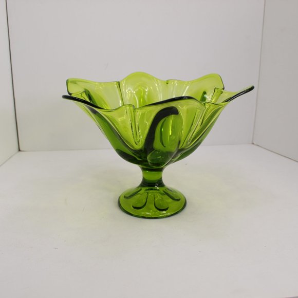 Mid Century Green Glass Pedestal Compote Bowl - Picture 2 of 4